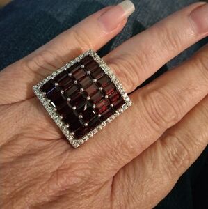 Vintage Large Garnet CZ Square Halo Statement 925 Sterling Silver Ring Size 7